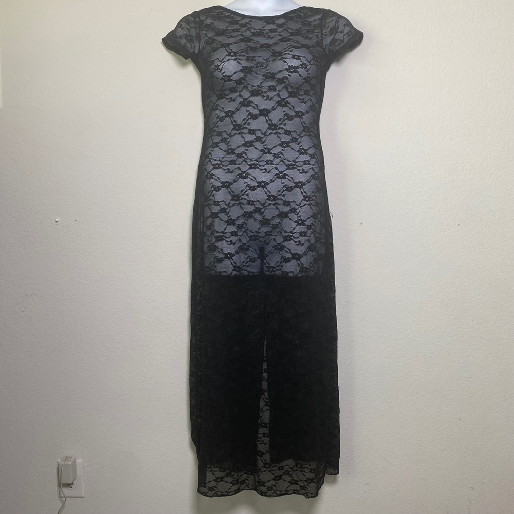 Black Floral Lace Maxi Dress Scoop Back Sheer Gothic‎ Formal Evening Back Slit S